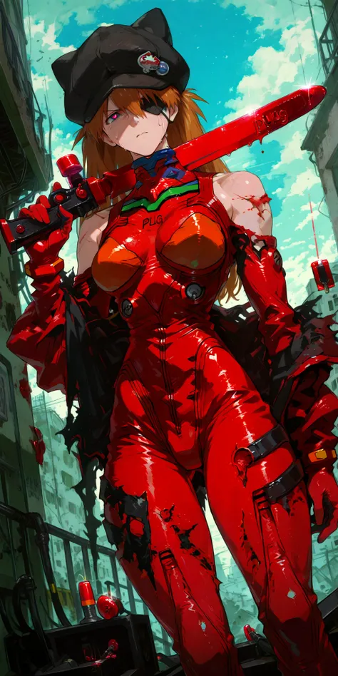 Shikinami Asuka Langley, neon genesis evangelion, rétro anime style, (absurderes, 8K, 4K, masutepiece, hyper extreme detailed), Best Quality, Perfect Anatomy, Perfect face, Facing forward, Artboard, top quality, (((((A tattered red plug suit))))), (Torn cl...