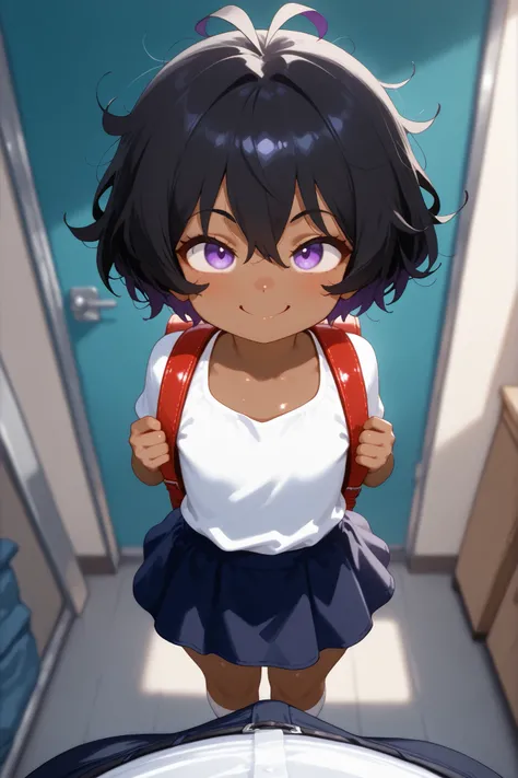 Flat chest, shortstack, small, short, little, pov, standing, skirt, backpack, black hair, short hair, messy hair, purple eyes, brown skin, smile