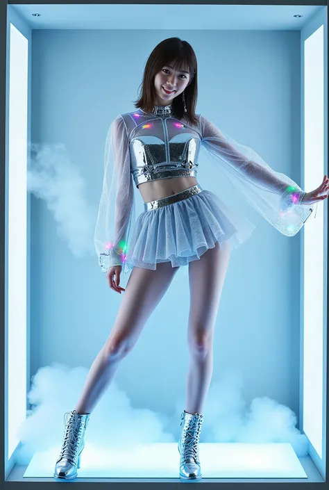 Create a realistic portrait of a beautiful Japanese female idol from the future. She has a slim body, small bust, and slender legs, with medium-length hair. She is wearing a futuristic costume designed with silver and holographic materials. The top is a fo...