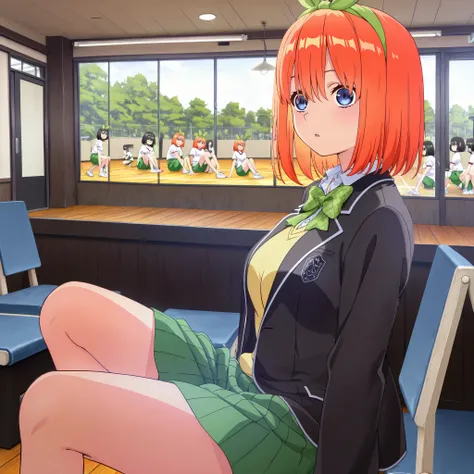 1girl,unwellness y0tsuba, large breasts, orange hair, blue eyes, short hair, hair between eyes green bow hairband, black blazer, open blazer, yellow sweater vest, white collared shirt, bowtie, plaid bowtie, green skirt, pleated skirt,y0tsuba, orange hair, ...