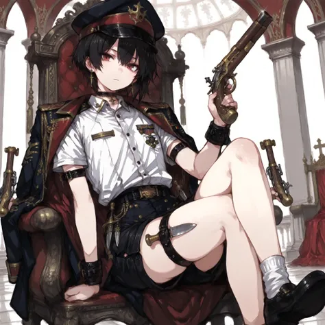 ((Best Quality)), ((masterpieces)), (detailed), Perfect Face, SOLO, ((femboy)), tomgirl, ANIME, beautiful detailed eyes, BOB hair, BOBed hair, black hair, RED EYES, BARE thighs, (((BARE LEG))), ((BLACK short pants)), (((dress shirt))), ((Flat chest)), Chok...