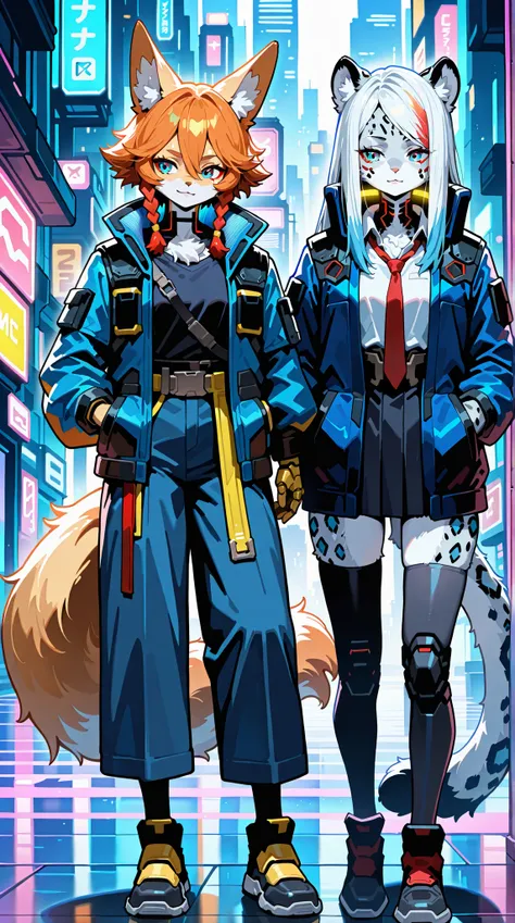 2 girls. 1 legendary box between the two characters in cyberpunk style. First girl: 21 years old , mammal snow leopard , furry, flowing long white hair with blue highlights, normal proportions , aesthetic , Cyberpunk style full clothing, very finely detail...
