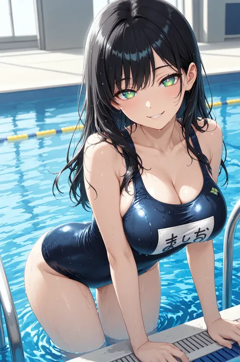 masterpiece, 1girl, solo, 
BREAK Young adult woman with large breasts and slender body, long black hair wet and fluffy as it bounces water, (hair wet with water droplets: 1.1), pretty emerald green pupils shining super fine like fireworks, 
BREAK on skin W...