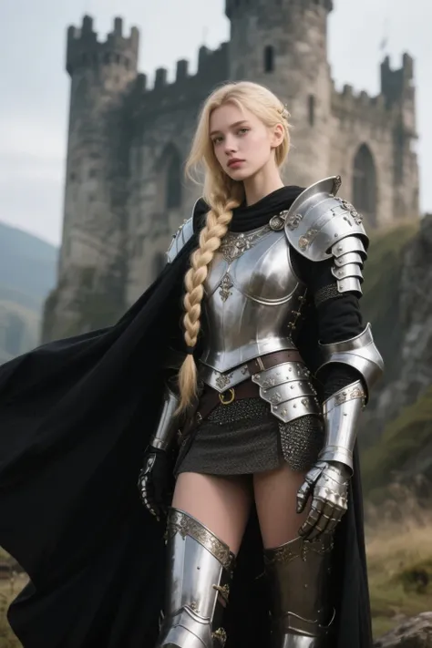 (soft lighting, dynamic angles, blurred background, rating_explicit, perfect hand based on anatomy, five fingers, slim beautiful body, sexy young girls, exquisite face), 
A beautiful female knight in silver armor, blonde hair, long thick braids, full body armor with detailed decorations, a black cloak fluttering down, standing in front of an old Western castle,