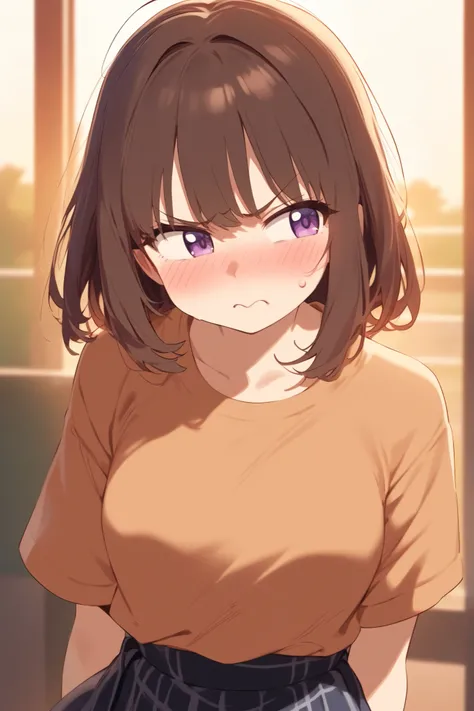 A portrait of a cute 18-year-old anime-style female college student with medium-length brown hair, blushing angrily with puffed cheeks, frustrated expression, slightly teary eyes, looking to the side, wearing a casual campus outfit, anime-style soft lighti...