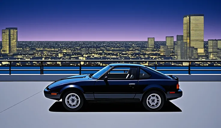 night、Big parking lot in the city、neon、90Era、NISSAN、4th generation Z32、black Fairlady Z、車体がneonを反射