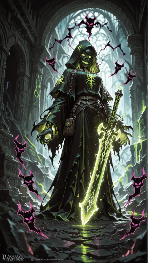 (masterpiece, best quality, ultra detailed), (dark fantasy, gothic, menacing), grim reaper, mysterious hooded figure, (glowing green eyes:1.2), dark tattered robes, intricate chains, (glowing green arcane energy:1.3) surrounding hands, holding a glowing gr...