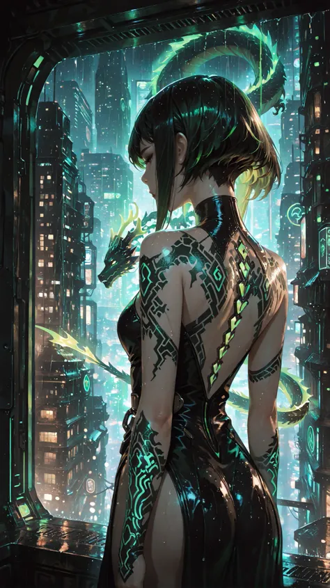  (masterpiece, best quality, ultra detailed), (dark fantasy, neo-noir, cyberpunk), stunning woman, dynamicpose, (intricate glowing green dragon tattoos:1.3) covering back and arms, bioluminescent, ethereal green light, wearing elegant black dress, raining,...