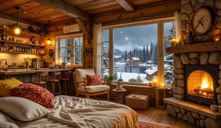 Warm room with a white blanket, with pillows and blankets hugging the pillow , cozy wallpaper, nơi cozy, phòng cozy , cozy environment,distant landscape painting with reverse view , warm chalet in warm light yellow tones , there is a built-in modern firepl...