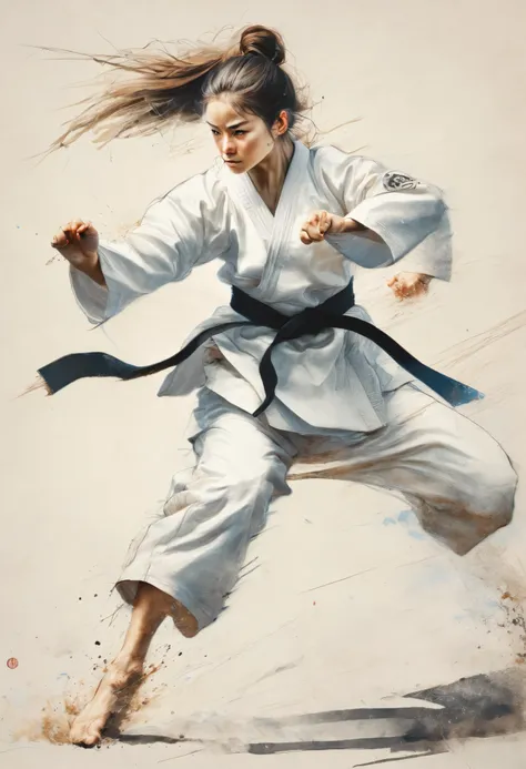 A girl who is a karate expert looks at the audience and takes a fighting pose、( better quality, Hi-Res,  masterpiece:1.2),  Super Detailed ,  Realistic :1.37, Black ink sketch,  soft lines ,  facial expressions and expressive poses , Minimalist Background,...