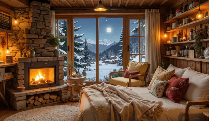 Warm room with a white blanket, with pillows and blankets hugging the pillow , cozy wallpaper, nơi cozy, phòng cozy , cozy environment,distant landscape painting with reverse view , warm chalet in warm light yellow tones , there is a built-in modern firepl...