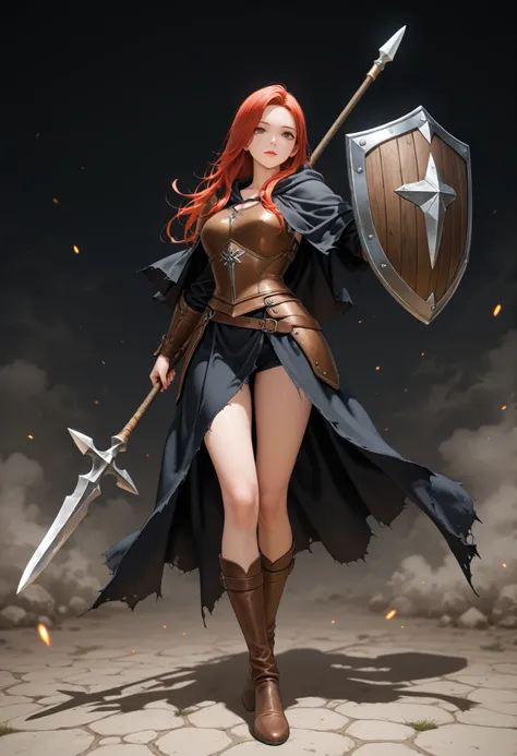 、perfect anatomy, 1girl,((full body)), DYNAMIC POSE, Spear and Shield、leather armor、 ragged robe、