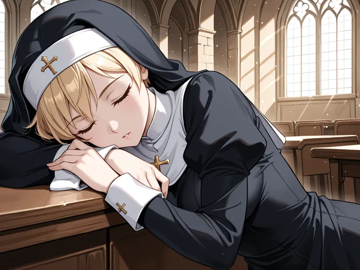 1 woman,solo,beautiful woman,adult,18 years old,blonde hair,very short hair,pale skin,skinny,masterpiece,general,highres, ultra-detailed,very aesthetic,best quality ,best hands,best eyes,perfect anatomy,anime coloring,easynegative,BREAK,nun,christians,nun'...