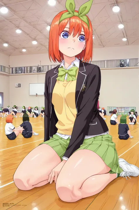1girl,unwellness aayotsuba, short hair, orange hair,hair ribbon, green ribbon, hairband, green bow, green bow hairband, black blazer, open blazer, yellow sweater vest, white collared shirt, bowtie, plaid bowtie, green skirt, pleated skirt,thick thighs, sit...