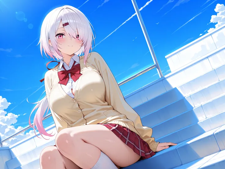 solo,masterpiece,best quality, amazing quality, highres, absurdres, very aesthetic, high resolution, ultra detailed, perfect details,nijiyuika,large breasts,pink eyes,gradient hair,light pink hair,white hair,round face,long hair,hair over one eye,low ponyt...