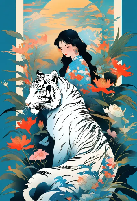 Elegant and Sensual Illustration Movie Poster Art ,  Retro and Vintage  , silky flowers around the body , No Anatomical Failure、Behind Matte Paint , Hannah Dale, Hironaka Harumi, Super soft color ,  a super large white tiger stands behind a vibrant,  paste...