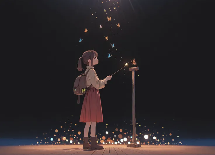 Wizard girl holding a large wooden wand in both hands,dark brown ponytail,Beige Shirt,Red hemp skirt,brown boots,Brown backpack,Seimitsu,4K,high resolution,professional playing with butterflies,HDR,UHD,Studio Lighting, sharp focus,physically-based renderin...