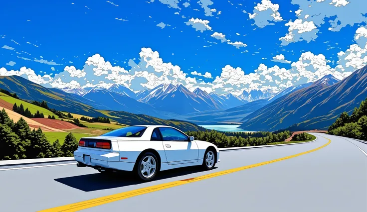 in the morning、Blue Sky、Mountain pass、90Era、Nissan 300ZX、Pure white car body、sense of speed