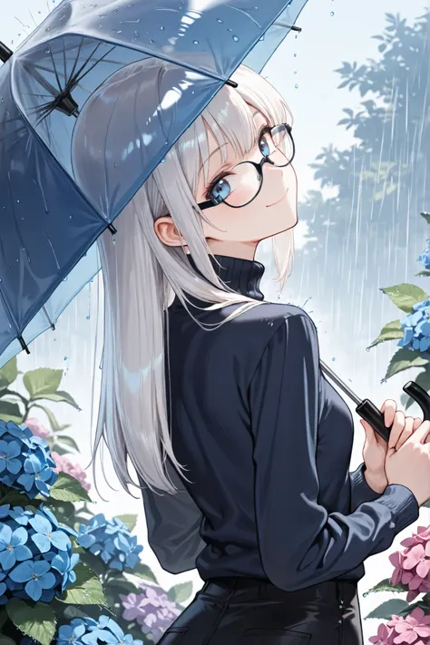 ((Masterpiece)),((best quality)),((incredibly absurdres)),((8K)),(semi realistic),
1 girl,solo,young female,aged up,kawaii,white hair,long hair,straight hair,blue eyes,small breasts,
((black eyewear)),(navy blue turtleneck shirt),long sleeves,(wide sleeves...