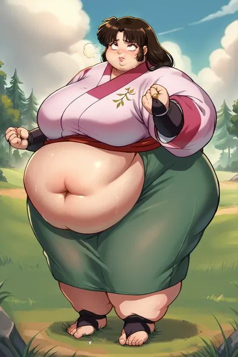 anime screencap, score_9, score_8_up, score_7_up, source_anime BREAK sango, 1girl, solo, brown hair, parted bangs, low-tied long hair, brown eyes, outdoors, grass, day, pink kimono, green long skirt, black bridal gauntlets, giant hands, giant feet, fat, ch...