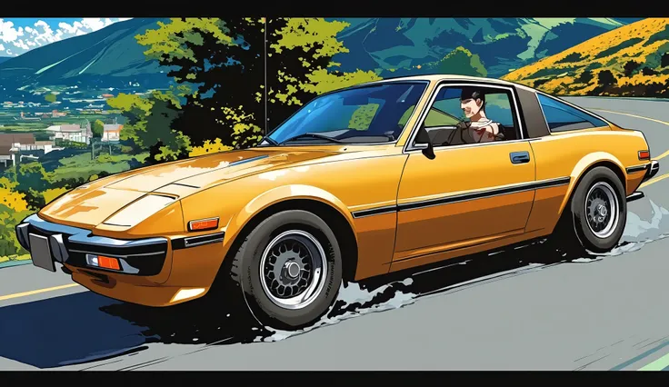 Mazda、SAVANNA RX-A22C(FB)、Gold car body、Sunny summer day、running through the pass