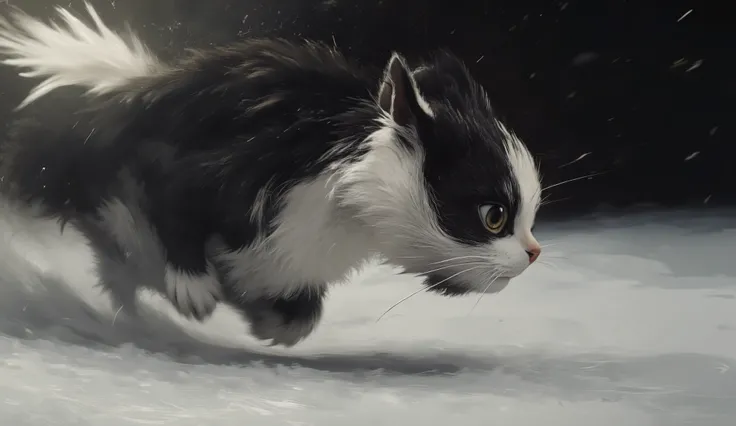 cinematic action shot of a beautiful two-colored cat running at full speed, dynamic motion blur, one half black fur one half white fur, muscular athletic build, intense focused expression, paws barely touching ground, motion streaks and paint splashes in b...