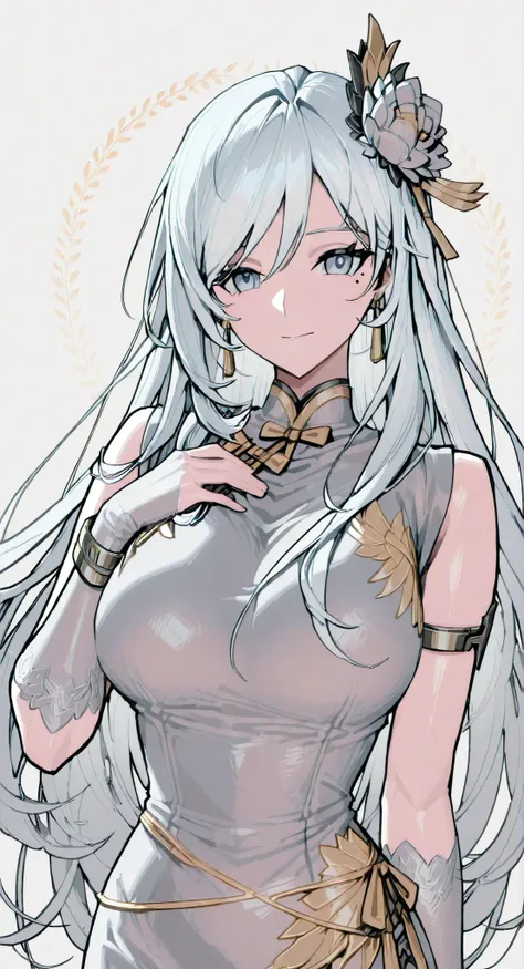 mole under eye、Armlet for left arm、bracelet for right wrist、pure white china,sleeveless china ,anime girl Picture of a woman with long white hair and a flower in her hair, gray hairの deity, Anime Goddess, gray hairの, gray hairの lady, gray hair, Zodiac Knig...