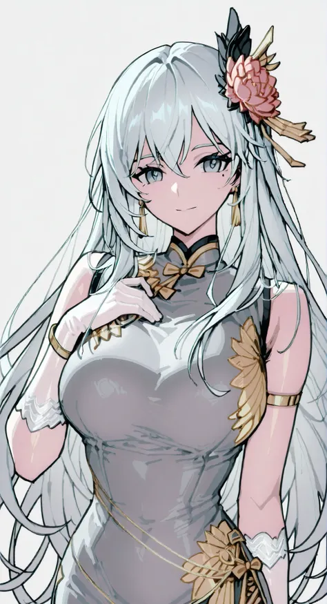 mole under eye、Armlet for left arm、bracelet for right wrist、pure white china,sleeveless china ,anime girl Picture of a woman with long white hair and a flower in her hair, gray hairの deity, Anime Goddess, gray hairの, gray hairの lady, gray hair, Zodiac Knig...