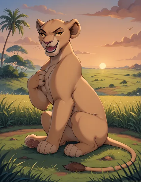 solo, Lioness, Feral, smile, open mouth, tongue, sharp teeth, grin, (looking at viewer, sitting, africa, sunset, grass, front view, detailed background, full body, narrowed eyes, 4 fingers, paws, hand on own chest, angry, side view