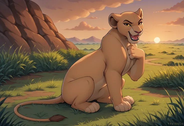solo, Lioness, Feral, smile, open mouth, tongue, sharp teeth, grin, (looking at viewer, sitting, africa, sunset, grass, front view, detailed background, full body, narrowed eyes, 4 fingers, paws, hand on own chest, angry, side view