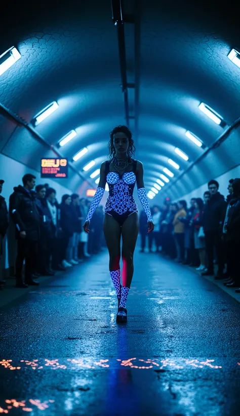 Full-body  front view low angle pose of a cyborg dancer frozen mid-spin, inside a tube-lit street tunnel. Her hair is made of fiber optic cables, her limbs gleam with wet titanium. Neon panels on the ground bounce light off her body in rhythmic waves. A cr...