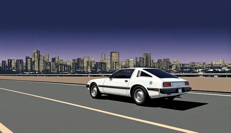 Mazda、SAVANNA RX-A22C(FB)、white body、night、highway where I can see the city's neon lights、I'm running on the