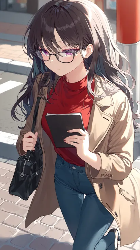 beautiful young Korean high school girl going confidently on the streets on thr pavement, holding a notepad closely to her body, she is journalist. She has black long and wavy hair, bright, curious eyes behind thin-rimmed black glasses, and a sharp yet gen...
