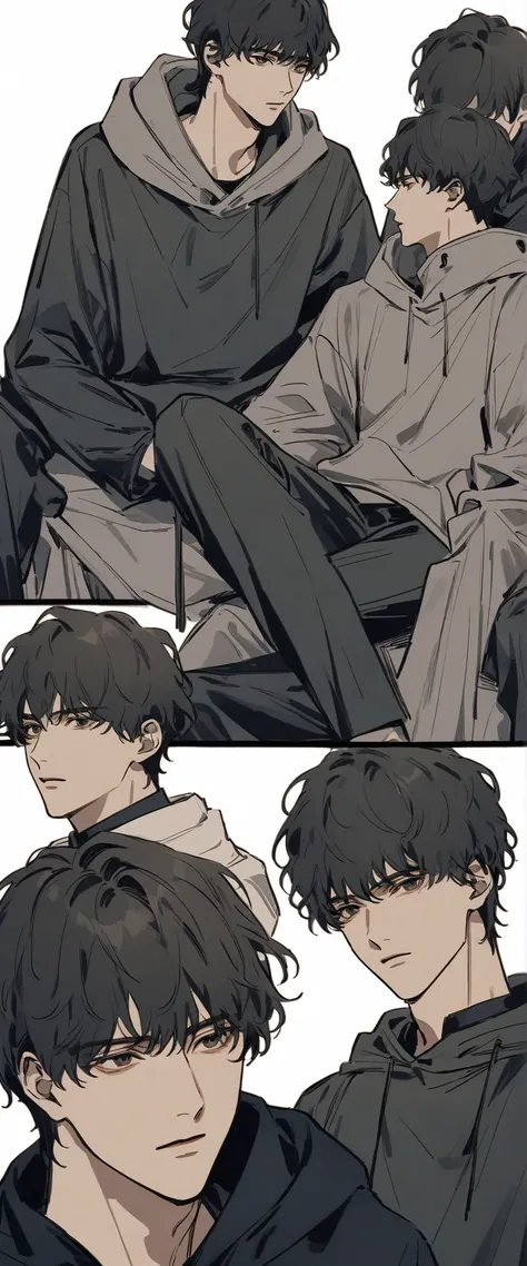 Boys,Boys角色设计,Three views,head, is handsome脸插画,Young,Dark color,manga style,avatar,line, is handsome,strong ones,full bangs,,Hoodie,Blank Background,sitting across,Details。dialogues