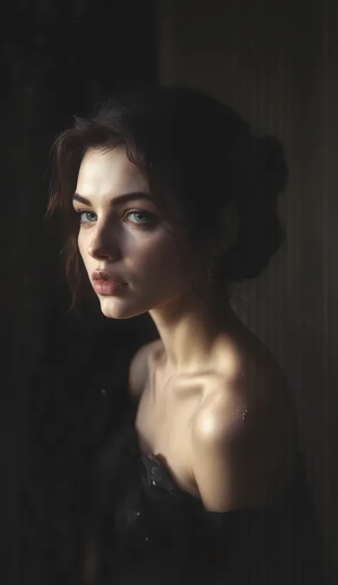 minimalist illustration of a woman in chiaroscuro lighting, soft contrast between light and shadow, serene expression, elegant silhouette, subtle contours, dark background, delicate highlights on the face and shoulders, artistic and poetic mood, soft neutr...