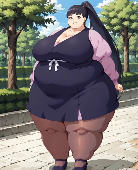 haylin, haylin, black hair, blunt bangs, ponytail, twin tails, very long hair, brown eyes, hoop earrings, bottom lip,  purple pacifica outfit, cleavage, long sleeves, pantyhose,  breasts, wide hips, thick thighs, full body,  1girl, solo, solo female, score...