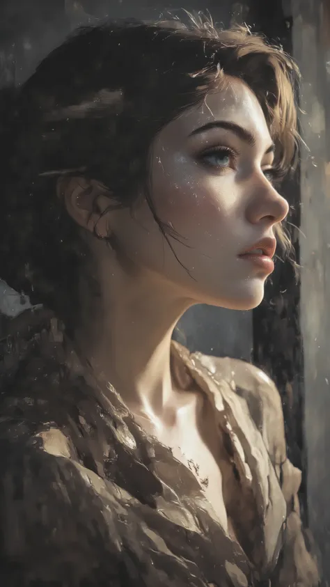 minimalist illustration of a woman in chiaroscuro lighting, soft contrast between light and shadow, serene expression, elegant silhouette, subtle contours, dark background, delicate highlights on the face and shoulders, artistic and poetic mood, soft neutr...