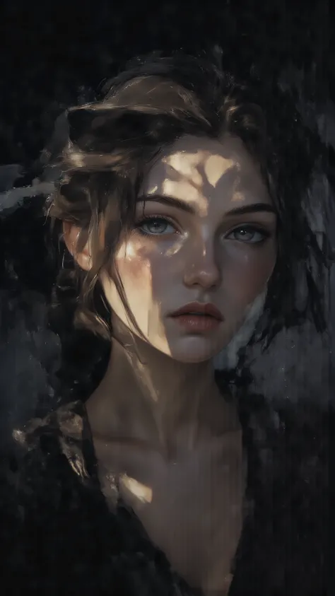 minimalist illustration of a woman in chiaroscuro lighting, soft contrast between light and shadow, serene expression, elegant silhouette, subtle contours, dark background, delicate highlights on the face and shoulders, artistic and poetic mood, soft neutr...