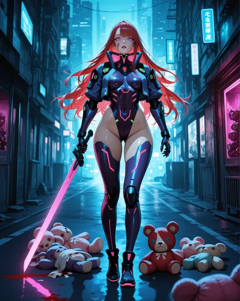 A beautiful, curvy red-haired woman with long flowing hair, wearing a sleek purple cyberpunk armor with glowing neon violet accents, stands in a deserted, post-apocalyptic city street at night. She holds a long cybernetic sword with a hot pink neon blade, casting a soft glow around her as she walks. The environment features cold color tones — icy blues and purples dominate the scene. Behind her, there's an eerie claw machine filled with grotesque, blood-stained plush toys, their faces twisted into disturbing, unnatural expressions. The machine flickers with failing lights. The lighting is cinematic, with dramatic shadows, volumetric light beams, and lens effects, creating a realistic yet dystopian atmosphere. High detail, 8K resolution, realistic textures, cinematic depth of field, film grain, photo-real style.
