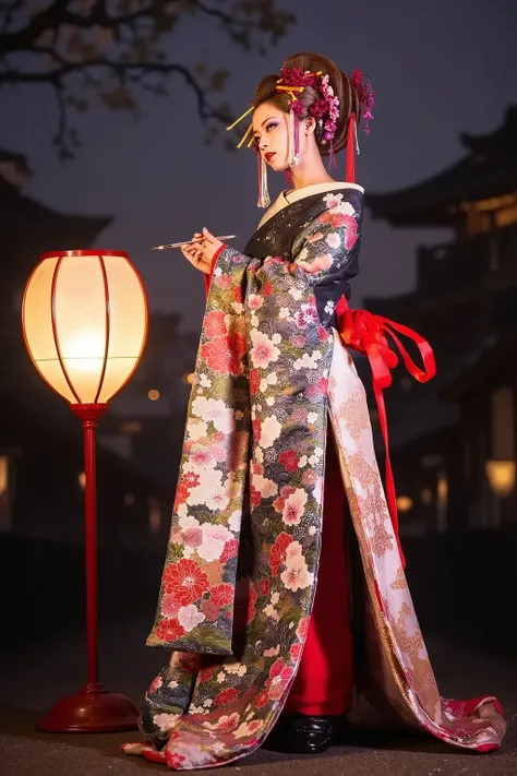 artist photoshoot,1 girl,kimono,japanese lantern,at night