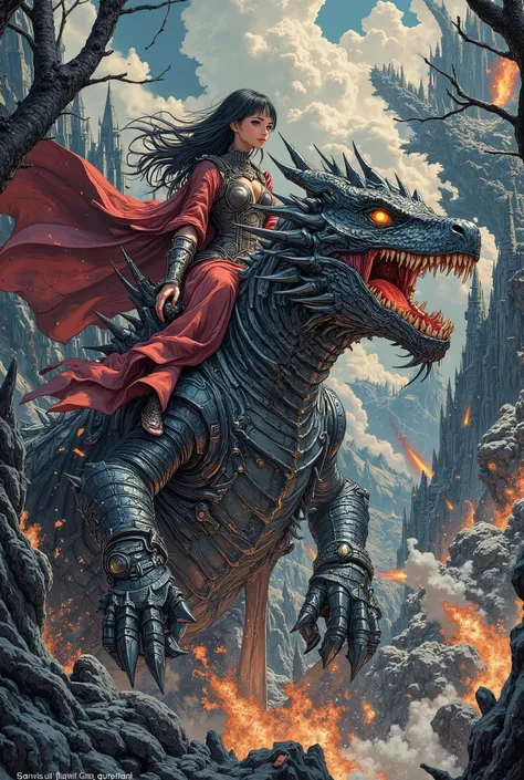 Create an epic fantasy scene featuring a fierce warrior woman riding on top of an  enormous, terrifying winged dragon. The warrior should have long, flowing black hair, and her attire must be an intricate mix of dark armor and crimson robes, blending stren...