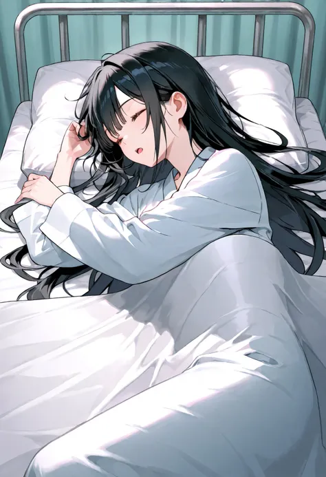 Japanese、long black hair、Hospital、female patient 、sleeping in bed、eyes closed、with open mouth、about my physical condition