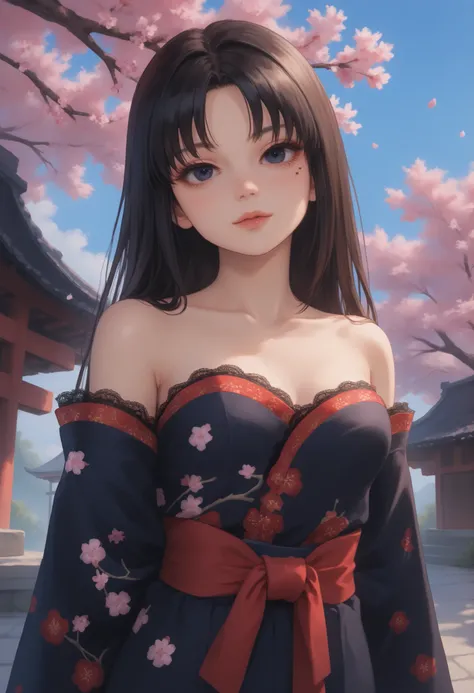 1 girl, Tomie, mature appearance, long hair, black , big  black eyes, doll eyes, highly detailed face, mole (under left eye on cheek), glossy detailed lips, parted bangs, eyeshadow, medium sized breasts, cleaveage, exposed shoulders, collarbone, highly det...