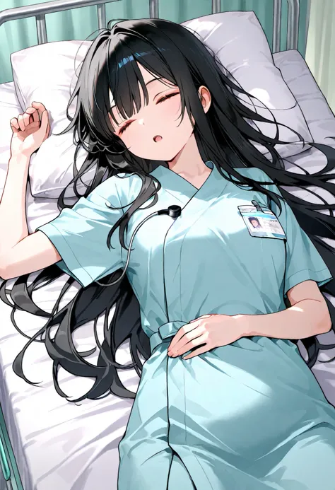Japanese、long black hair、Hospital、female patient 、sleeping in bed、eyes closed、with open mouth、Being facialized