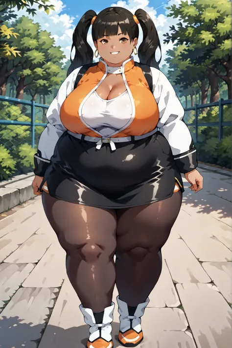 xiaoyu, xiaoyu, black hair, blunt bangs, ponytail, twin tails, very long hair, brown eyes, hoop earrings, dark skin, bottom lip, purple pacifica outfit, cleavage, long sleeves, pantyhose, breasts, wide hips, thick thighs, full body, 1girl, solo, solo fe...