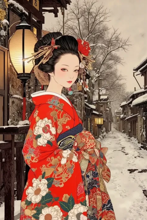 1 girl,oiran,ito jakuchu,nihonga,winter,snow,winter,in japanese old street,kyoto,vivid color