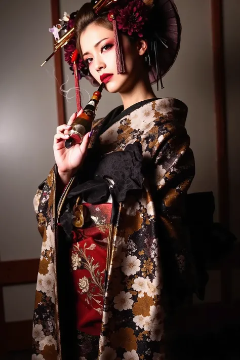 artist photoshoot,looking down,low angle,angry,1 girl,oiran,holding kiseru,smoking,