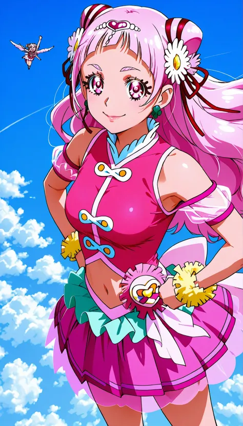  score_9,  score_8_up,  score_7_up,  Cure Yell,  sky background , flying ,raise up fist,hand on hips, from above, smile , cowboy shot, glossy lips ,closed mouth ,medium breast