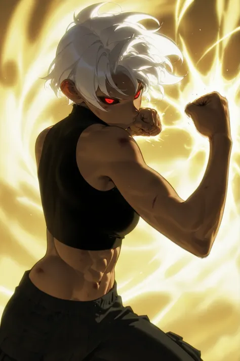 Beautifull, Athletic body, toned body, alone, woman, , white hair, black red eye, tan, black sleeveless turtle neck shirt, black cargo pants, , intricate sketch, expressive eyes nose and mouth, shredded Abs, punching pose, bruised fists , 2d, solo leveling...