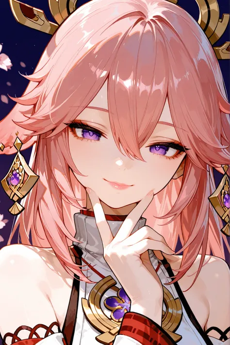 female,Women,Yae Miko\( Genshin), split sleeves, bare shoulders, pink hair, long hair, Japanese clothing,(Hair accessories:1.35),jewelry,Purple Eyes,earrings,Cherry blossoms,long sleeve,Thick lips,fair skin, Smooth texture , pink lips,white collar shirt
BR...